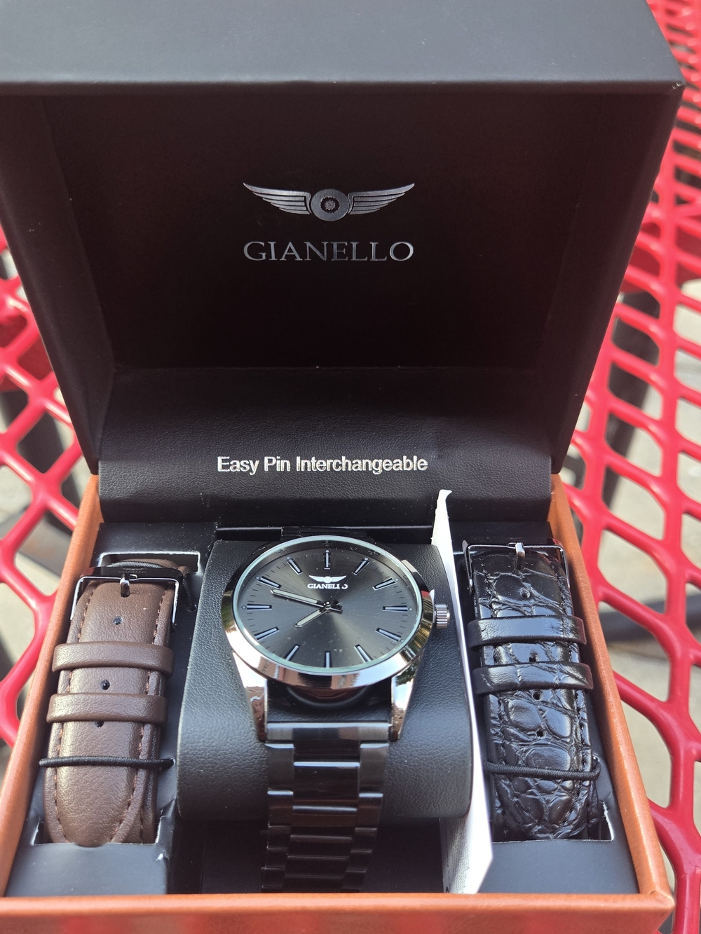 Gianello Men's Black Watch with Brown and Black Interchangeable Straps